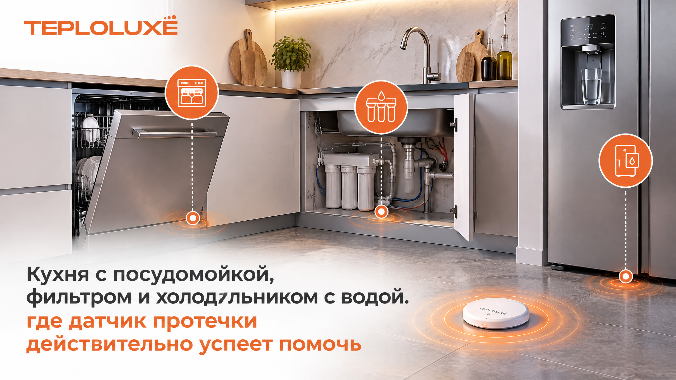 Кухня с посудомойкой, фильтром и холодильником с водой